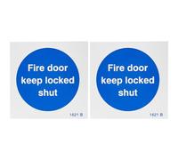 Caledonia Signs 21621B Fire Door Keep Locked Shut Sign, Self Adhesive Vinyl, 80 mm x 80 mm (Pack of 2)
