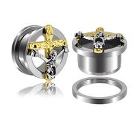 Calefee 1 inch Tunnels for Ears Women, Stainless Steel Ear Plugs Gothic with Gold Cross and Skull, Piercing Earring Gauges 25mm, 2pcs