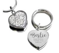 CalEli Gifts Personalised #Bestie Diamante Heart Keyring - Engraved Silver Coloured BFF Friendship Keepsake - Custom Message Heart Keychain for Best Friend - Birthday, Christmas or Galentine's Gift