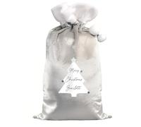 CalEli Gifts Personalised Christmas Tree Luxury Silver Grey Pom Pom Santa Sack - Custom Name Fleece Bag with Mock Cord & Elasticated Top - 68cm Large Festive Sack