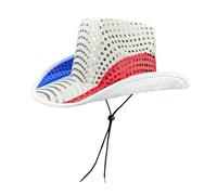 Calendar 2022 Wide Edge Cowboy Hat with Glitter Western Independence Day Independence Day Flag Tri-Color Red White Blue Glitter Splicing Vest Women's Cowboy, blue, One Size