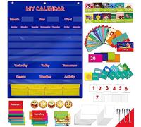 Calendar and Weather Pocket Chart with 148 Cards,(108 Illustrated Activity Cards, 40 Dry Erasable Flash Cards and 3 Hooks 28"x35.5")