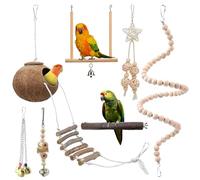 Calenxy Pack of 7 Bird Toy, Budgie Toys with Ladder, Coconut Bird Cage Toy, Bird Cage Accessories, Standing Perch, Hammock Climbing Ladder for Parakeets, Finches, Small Pets