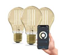 CALEX - Smart Filament Bulb E27, 3-Pack, WiFi LED A60 Bulb, Warm White Light, Gold, App and Works with Amazon Alexa and Google Home, 7W