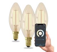 CALEX Smart LED Bulb, E14 B35, Gold Filament, Warm White Light, Dimmable, WiFi App & Voice Control, 3-Pack