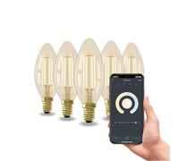 CALEX Smart LED Bulb, E14 B35, Gold Filament, Warm White Light, Dimmable, WiFi App & Voice Control, 5-Pack