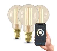 CALEX Smart LED Bulb, E14 P45, Gold Filament, Warm White Light, Dimmable, WiFi App & Voice Control, 3-Pack