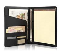 Calfinder Free Name Engraving, Writing Case Leather 4 Ring Binder, Thin Folder Planner, Ring Binder A4 with Notepads, Black, Customised