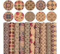 CALFOVERA 10 Styles 32 x 20cm Colored Cork PU Leather Sheets Thin Soft Fabric Natural Texture Wood Grain Leather Floral Boho Synthetic Retro Leatherette Packaging Material for Handcrafts Earrings