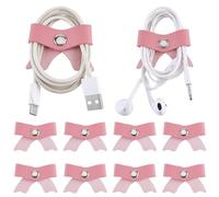 CALFOVERA 12 Pack Bow PU Leather Cord Organizer Holder Cable Keepers with Snap Button Bowknot Wraps Management Cable Straps Reusable Earphone Storage Ties Winder for Earbuds Travel Essentials