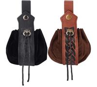 CALFOVERA 2 Colors Medieval PU Leather Waist Drawstring Bag 2PCS Renaissance Embossed Belt Pouch Viking Vintage Retro Pirate Coin Purse Dice Side Pack for Men Women Halloween LARP(Black;Dark Brown)