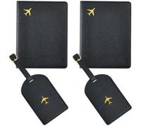 CALFOVERA 2 Sets Metallic Airplane Pattern Luggage Tag Mr and Mrs Honeymoon Passport Wallets Travel Holder PU Leather Black Couple Passport Cover Blocking Card Slots Rfid Case Suitcase for Women Men