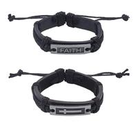 CALFOVERA 2 Styles PU Leather Christian Bracelets Faith Word Strand Wristbands Adjustable Cross Braided Drawstring Leather Link Wrist Cuff Criss Bangle Set for Men Women Daily Wear Christmas Jewelry