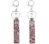CALFOVERA 2 Styles Turquoise Genuine Leather Universal Keychains Western Cowhide Car Key Chains Vintage Leather Embossed Key Fob Holder Keyring with Lobster Clasp for Cowboy Cowgirl Men Women