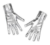 CALFOVERA 23.5cm Silver Shiny Metallic PU Leather Gloves for Women Wet Look Wrist Length Gloves Stretchy Faux Leather Long Finger Hand Opera Mitten for Halloween Role Play 1980s Adult Unisex