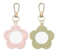 CALFOVERA 2PCS 2 Color Makeup Mirror Key Holder Portable Flower Keychain Bulk Cute PU Leather Key Ring Organizer Mini Floral Pendant Keychain for Women Purse Bags Charm(Green Pink)