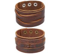 CALFOVERA 2PCS Genuine Leather Wide Cuff Bracelet for Men 2 Styles Vintage Punk Full Grain Wrap Wristband Cowhide Leather Adjustable Gothic Bangle for Men Women Daily Wear Party Cosplay Gift(Coffee)