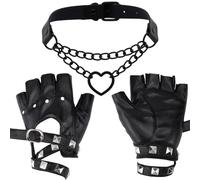 CALFOVERA 2PCS PU Leather Gothic Fingerless Gloves with Heart Choker Necklace Punk Collar Driving Half Finger Gloves Black Outdoor Motorcycle Sport Leather Mitten for Women Men Costume Cosplay