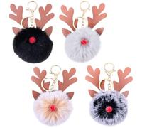 CALFOVERA 4 Colors PU Leather Christmas Antler Keychain with Fluffy Plush Ball Reindeer Pom Pom Keyrings Xmas Deer Key Pendant Keyfob Key Ring Bag Charm for Women Purse Handbag Cellphone Decor