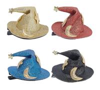 CALFOVERA 4 Colors PU Leather Wizard Hat Hair Clip Halloween Witch Hats Small Hairclips with Iron Alligator Glitter Star Moon Clips for Costume Cosplay Party Hair Decorations Accessories