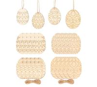 CALFOVERA 40PCS 4 Styles Wooden Easter Egg Cutouts Unfinished Egg Shaped Hanging Ornaments with Hole Hemp Ropes Wood slices Easter Hanging Ornaments Gift Tags for Home DIY Craft Party Decor