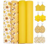 CALFOVERA 4PCS 33 x 19.8cm Summer Bee Floral PU Leather Sheets Sunflower Honey Glitter Printed Leatherette Roll Solid Colored Fabric Material for Bows Earring Jewelry DIY Crafts