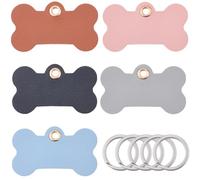 CALFOVERA 5 Colors PU Leather Bone Shape Keychain Pendants Blank Solid Color Leather Dog Cat Pet Name Phone Number Pet ID Identification Tags with Iron Key Ring for Dogs Cats Name Craft