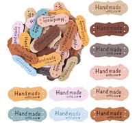CALFOVERA 60Pcs 10 Colors Handmade with Love PU Leather Labels Embossed Microfiber Leather Crochet Tags with Hole for Valentine's Day Gift Making DIY Jeans Bags Shoes Crafts Sewing Knitting Hats