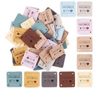 CALFOVERA 60Pcs 10 Colors PU Leather Lables for Crochet Handmade with Love Square Heart Embossed Microfiber Leather Tags for Embossed DIY Jeans Bags Shoes Crafts Sewing Knitting Hats