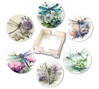 CALFOVERA 6PCS Dragonfly Wooden Coasters with Holder 10cm Round Floral Absorbent Cup Holders Tabletop Protection Coffee Mugs Wood Mats Coasters Saucers Pads for Drinks Christmas Decoration Gift
