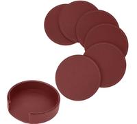 CALFOVERA 6PCS PU Leather Drink Coasters Red Round Table Coasters with Holder 10cm Leather Small Protector Cup Mats Sets Decorative Coffee Cup for Tabletop Desk Furniture Protection Housewarming Gifts