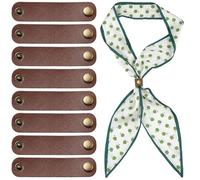 CALFOVERA 8PCS Western Leather Scarf Holder Clasp Clips Brown PU Leather Gold Button Scarf Buckle Ring Solid Color Vintage Silk Bandana Slides Clasp for Tie Ribbon Luggage Tags Label Clothing