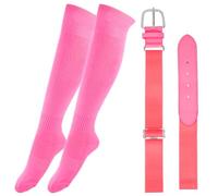 CALFOVERA Adjustable Polyester PU Leather Softball Waist Belt Waistband with Alloy Clasp Baseball Belt and Socks Combo Set Solid Color Elastic Elite Team Sport Knee High Socks for Youth Adult(Pink)