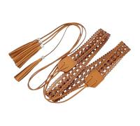 CALFOVERA Bohemian Tassel Waistband 169 x 2.85CM PU Leather Vintage Hollow Braided Belt Boho Knotted Waist Belt with Wax Rope Western Ethnic Macrame Waisbands for Women Dress Skirt (Saddle Brown)