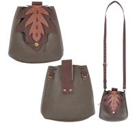 CALFOVERA Leaf PU Leather Shoulder Bag Dark Brown Medieval Leather Drawstring Crossbody Bag Portable Viking Belt Pouch Purse Wasit Pack Middle Ages Vintage Renaissance for Halloween LARP Ren Faire