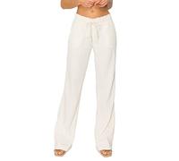 Cali1850 Women's Casual Linen Pants - 32" Inseam Oceanside Drawstring Smocked Waist Lounge Beach Trousers with Pockets, Oatmeal, M