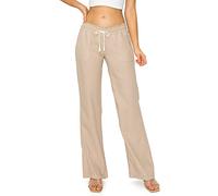 Cali1850 Women's Casual Linen Pants - Drawstring Smocked Waist Oceanside Lounge Beach Trousers with Pockets, Khaki, Medium