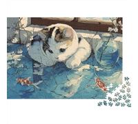 Calico Cat by Window 1000-Piece Playing Cats Recycled Cardboard Jigsaw Puzzle Adult Jigsaws Brain Training Game Family Puzzle Lovers Holiday Activity Great Gift 38x26cm/1000pcs