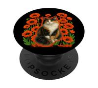 Calico Cat Field Poppies Floral CottageCore Cat Mom Dad PopSockets Adhesive PopGrip