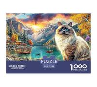 Calico Cat with Blue Eyes in Snowy Mountains_2 1,000 Piece Cat by Mountain Lake at Sunsetplastic 3D Puzzle for The Whole Family Durable Interlocking Thick Pieces Family Activity 52x38cm/1000pcs