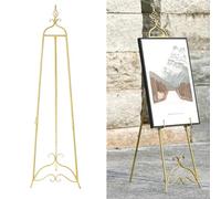 CaliDecor 58.5” H Gold Easel Stand for Sign, Large Adjustable Metal Display Standing for Displaying Pictures Wedding Poster Holder Showcasing with Chain Support