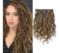 Caliee Clip in Hair Extensions Human Hair Natural Hair for Black Women Wavy Curly Hair Extensions 16 Inch Thick Grade 8A Dark Brown Strawberry Blonde 120g 7pcs with Color #P4/27