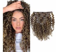 Caliee Curly Clip in Hair Extensions 3B 3C Jerry Curly Full Head 20 Inch Real Remy Human Hair Extensions 120g #P4/27 Ombre #4 Dark Brown Fading Into #27 Strawberry Blonde 7pcs 17 clips per pack