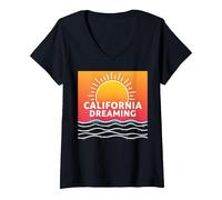 California Dreaming Sunset Beach Graphic V-Neck T-Shirt, Women, Black, XXL