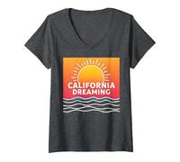 California Dreaming Sunset Beach Graphic V-Neck T-Shirt, Women, Dark Heather Grey, XL