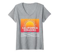 California Dreaming Sunset Beach Graphic V-Neck T-Shirt, Women, Heather Grey, XL