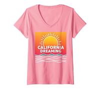 California Dreaming Sunset Beach Graphic V-Neck T-Shirt, Women, Pink, S