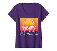 California Dreaming Sunset Beach Graphic V-Neck T-Shirt, Women, Purple, L