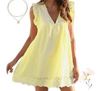 California Lace Romper Dress with Shorts Underneath for Women Summer V-neck Lace Jumpsuit Short Ruffle Sleeve Dress (Yellow,L)