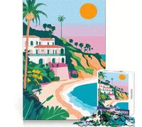 California Spanish Beach House Pastel Sunset Minimalist Art Illustration 1000 Piece Jigsaw Puzzle for Adults Sharp Recall Mind Calming Fun Uniform Cut Xmas Gift (38x26cm)